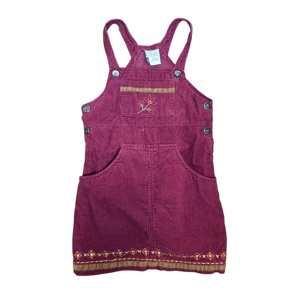 Faded Glory Girls Maroon Corduroy Jumper‎ Dress Embroidered Floral Size 6/6X